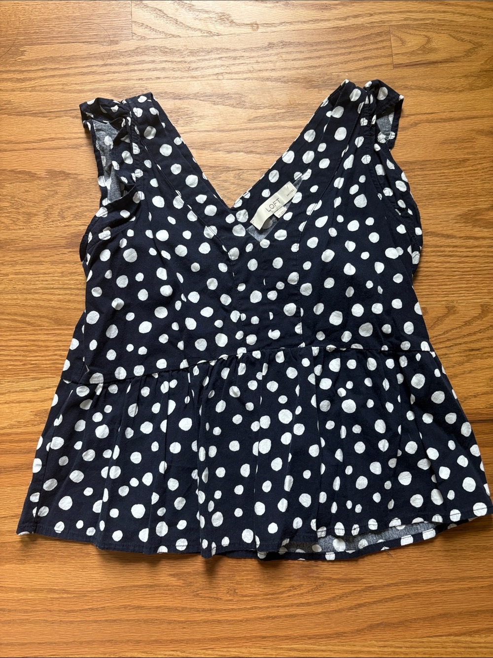 LOFT Navy and White Polka Dot V-Neck Peplum Tank